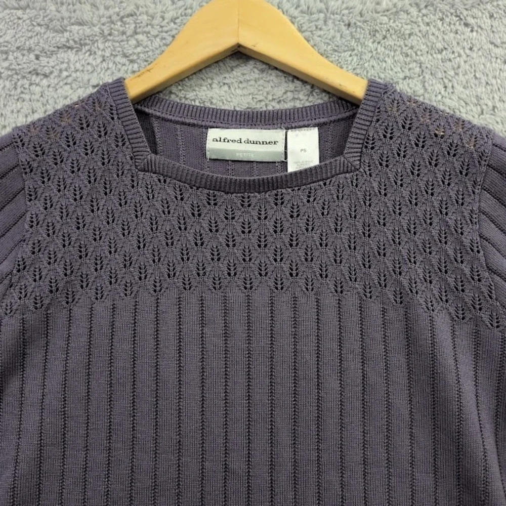 Alfred Dunner Knit Top Women's PS Purple Pointelle Square Neck Sweater Vtg Style